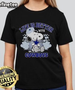 Cute Snoopy 'Life is Better with Cowboys' ladies tee featuring a playful design perfect for fans of Snoopy and cowboys.
