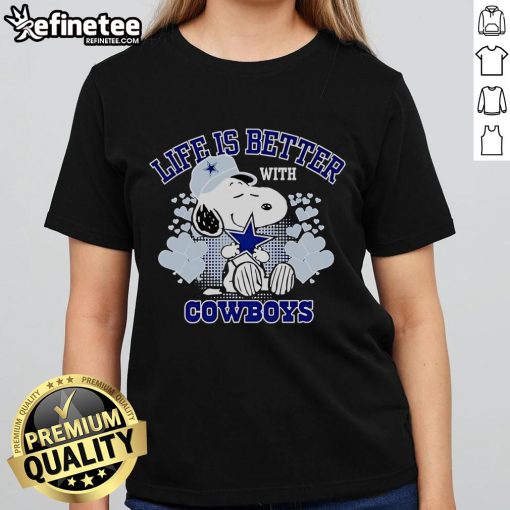 Cute Snoopy 'Life is Better with Cowboys' ladies tee featuring a playful design perfect for fans of Snoopy and cowboys.