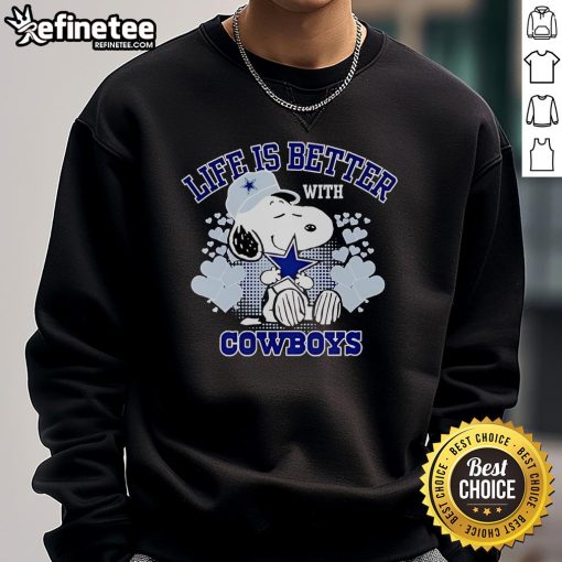 Alt Text: Cute Snoopy sweatshirt with 'Life Is Better With Cowboys' design, perfect for fans and cozy casual wear.