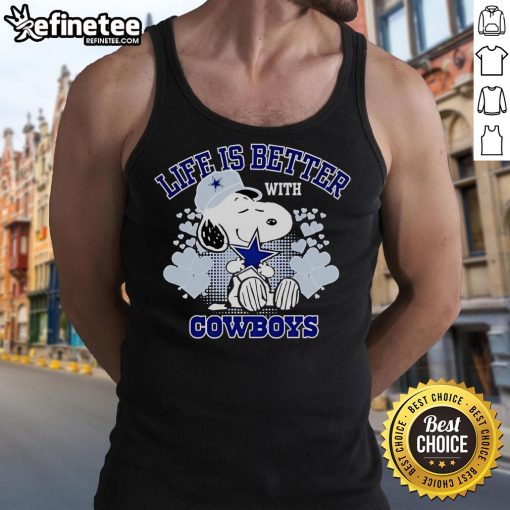 Cute Snoopy tank top featuring 'Life is Better with Cowboys' design, perfect for casual and fun summer outfits.
