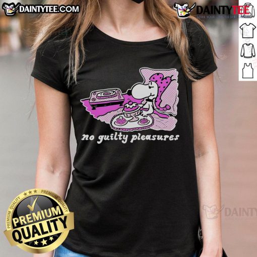 Cute Snoopy No Guilty Pleasures ladies tee featuring a playful Snoopy design, perfect for casual outings.