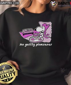 Cute Snoopy No Guilty Pleasures sweatshirt featuring a playful design perfect for casual wear and Peanuts fans.