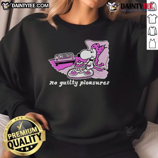 Cute Snoopy No Guilty Pleasures sweatshirt featuring a playful design perfect for casual wear and Peanuts fans.