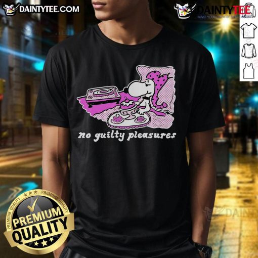 Cute Snoopy No Guilty Pleasures T-Shirt featuring a fun Snoopy design, perfect for casual wear and fans of Peanuts.