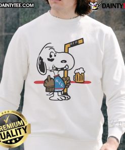 Alt Text: Cute Snoopy player in New York Ranger hockey sweatshirt, humorously showing middle finger while smoking.