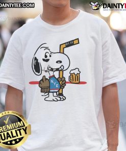 Alt Text: Cute Snoopy player New York Ranger hockey t-shirt featuring Snoopy smoking and showing the middle finger.