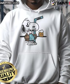 Alt Text: Cute Snoopy in a Seattle Kraken hoodie, playfully showing the middle finger while holding a hockey stick.