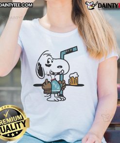 Alt Text: Cute Snoopy player in Seattle Kraken hockey gear, playfully showing middle finger on ladies tee shirt design.