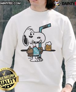 Cute Snoopy player in Seattle Kraken hockey sweatshirt showing middle finger, perfect for fans and collectors.
