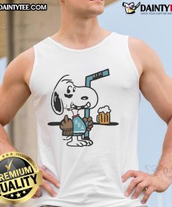 Alt Text: Cute Snoopy in a Seattle Kraken tank top, playfully smoking and showing the middle finger, perfect for hockey fans.