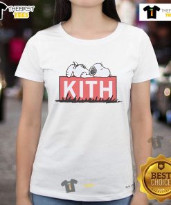 Alt Text: Cute Snoopy sleeping on a Kith ladies tee, showcasing a trendy and playful design perfect for casual wear.