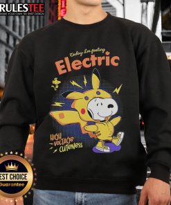 Alt Text: Cute Snoopy sweatshirt featuring 'Today I'm Feeling Electric' design with high voltage cuteness for cozy style.