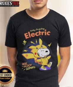 Alt Text: Cute Snoopy 'Today I'm Feeling Electric' High Voltage Cuteness T-Shirt featuring vibrant colors and playful design.