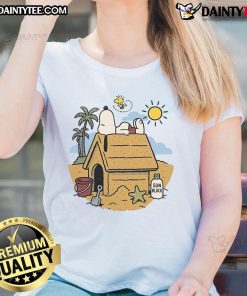 Cute Snoopy and Woodstock in beach mode on a ladies tee, perfect for summer fun and casual style.