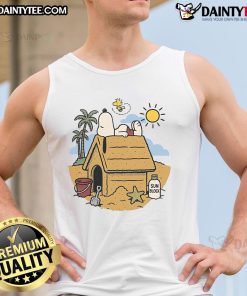 Alt Text: Cute Snoopy and Woodstock beach mode activated tank top featuring vibrant colors and playful summer vibes.