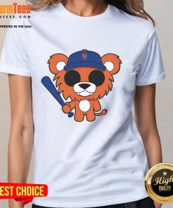 Alt Text: Cute Spuffies lion mascot wearing a 'Let's Go Mets' shirt on a ladies tee, perfect for baseball fans.