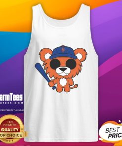 Alt Text: Cute Spuffies lion mascot in a Mets tank top, showcasing team spirit and playful design for baseball fans.