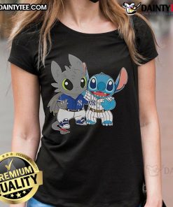 Adorable Cute Stitch and Toothless design on a New York Yankees ladies tee, perfect for fans and casual wear.
