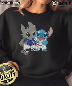 Cute Stitch and Toothless New York Yankees sweatshirt featuring vibrant colors and playful design, perfect for fans.