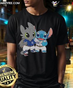 Alt Text: Cute Stitch and Toothless graphic on a New York Yankees T-shirt, perfect for fans of Disney and baseball.