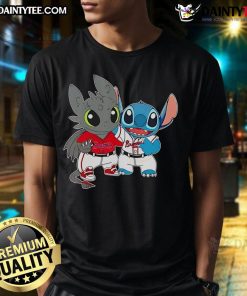 Alt Text: Cute Stitch and Toothless graphic on a Philadelphia Phillies t-shirt, perfect for fans and Disney lovers alike.
