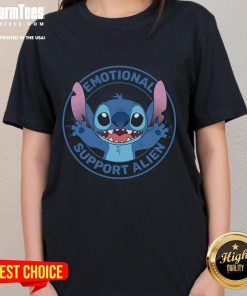 Adorable Stitch emotional support alien graphic on a ladies tee, perfect for fans of cute and quirky apparel.