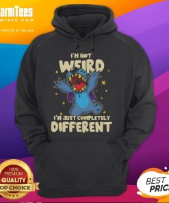 Alt Text: Cute Stitch hoodie with 'I'm not weird, I'm just completely different' text, perfect for Disney fans.