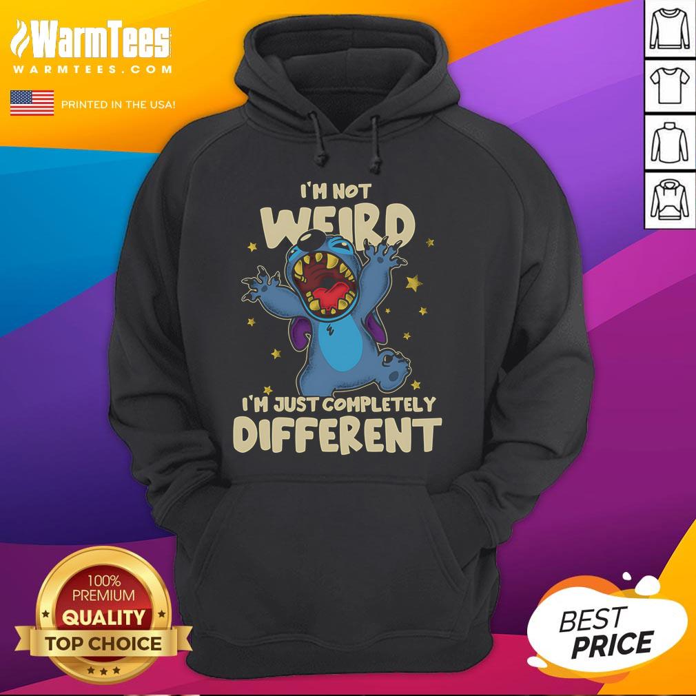 Cute Stitch I'M Not Weird I'M Just Completely Different Hoodie Alt Text: Cute Stitch hoodie with 'I'm not weird, I'm just completely different' text, perfect for Disney fans.