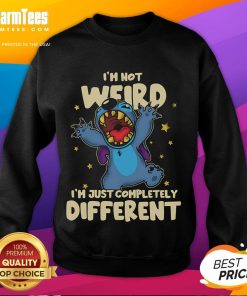 Cute Stitch sweatshirt with 'I'm not weird, I'm just completely different' design, perfect for Disney fans.