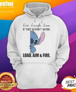Cute Stitch hoodie featuring 'Live Laugh Love' and 'Load Aim Fire' quotes, perfect for casual wear and fans.