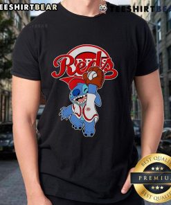 Alt Text: Cute Stitch Play Baseball Cincinnati Reds T-Shirt featuring a playful design perfect for young fans.
