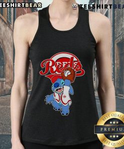 Alt Text: Cute Stitch playing baseball in a Cincinnati Reds tank top, perfect for fans and summer wear.
