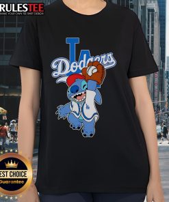 Cute Stitch playing baseball in a Los Angeles Dodgers ladies tee, perfect for fans and casual wear.
