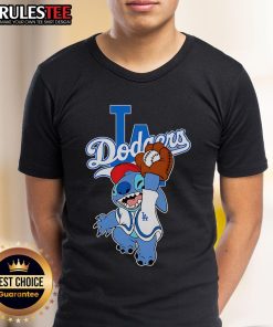 Cute Stitch Play Baseball Los Angeles Dodgers T-Shirt featuring an adorable Stitch character in Dodgers colors.