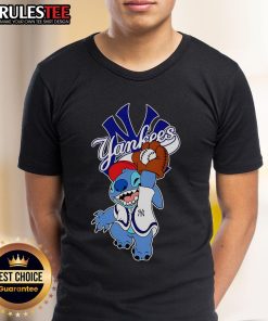 Alt Text: Cute Stitch wearing a New York Yankees T-shirt, playing baseball, perfect for fans and kids who love sports.