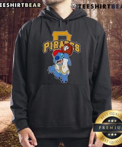 Alt Text: Cute Stitch wearing a Pittsburgh Pirates hoodie, playfully holding a baseball, perfect for fans and collectors.