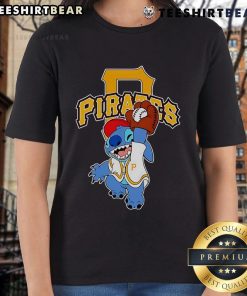 Cute Stitch playing baseball in a Pittsburgh Pirates ladies tee, perfect for fans of MLB and stylish sportswear.