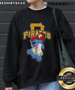 Alt Text: Cute Stitch plays baseball in a Pittsburgh Pirates sweatshirt, showcasing team spirit and playful design.