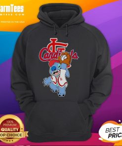 Cute Stitch playing baseball in a St. Louis Cardinals hoodie, perfect for fans of stylish sportswear.