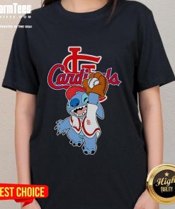 Alt Text: Cute Stitch playing baseball in a St. Louis Cardinals ladies tee, showcasing team spirit and style.