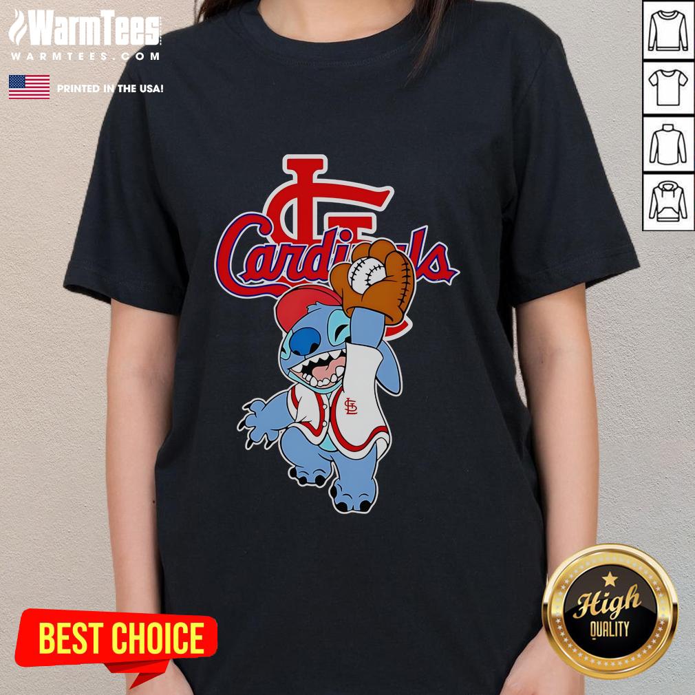 Cute Stitch Play Baseball St Louis Cardinals Ladies Tee Alt Text: Cute Stitch playing baseball in a St. Louis Cardinals ladies tee, showcasing team spirit and style.