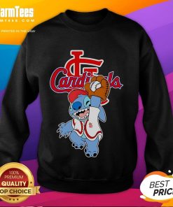 Cute Stitch playing baseball in a St. Louis Cardinals sweatshirt, perfect for fans and casual wear.