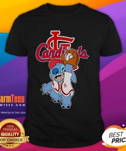 Alt Text: Cute Stitch play baseball St Louis Cardinals T-Shirt featuring Stitch character in team colors, perfect for fans.