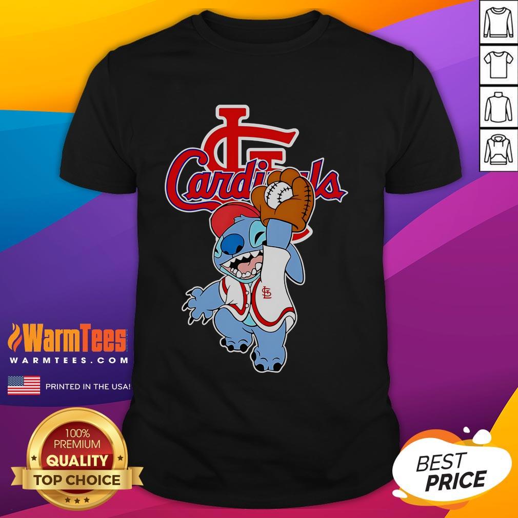 Cute Stitch Play Baseball St Louis Cardinals T Shirt Alt Text: Cute Stitch play baseball St Louis Cardinals T-Shirt featuring Stitch character in team colors, perfect for fans.