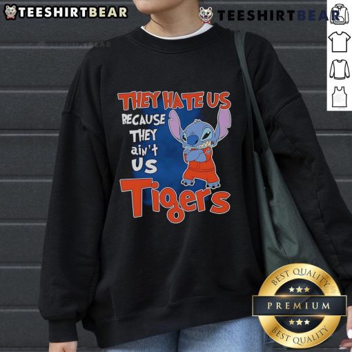Alt Text: Cute Stitch They Hate Us Because They Ain't Us Detroit Tigers sweatshirt in vibrant blue, perfect for fans.