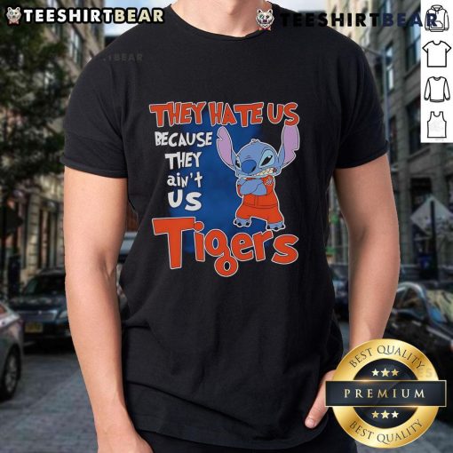 Alt Text: Cute Stitch Detroit Tigers T-Shirt with 'They Hate Us Because They Ain't Us' design, perfect for baseball fans.