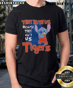 Alt Text: Cute Stitch Detroit Tigers T-Shirt with 'They Hate Us Because They Ain't Us' design, perfect for baseball fans.