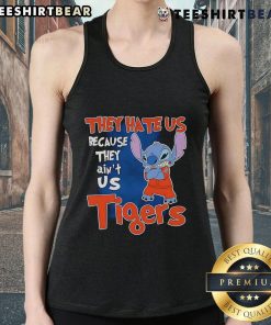 Alt Text: Cute Stitch Detroit Tigers tank top with 'They Hate Us Because They Ain't Us' slogan, perfect for baseball fans.