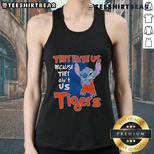 Alt Text: Cute Stitch Detroit Tigers tank top with 'They Hate Us Because They Ain't Us' slogan, perfect for baseball fans.