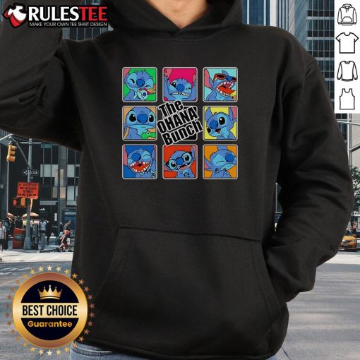 Alt Text: Cute Ohana Bunch Stitch x The Brady Bunch hoodie featuring vibrant colors and fun cartoon designs perfect for fans.
